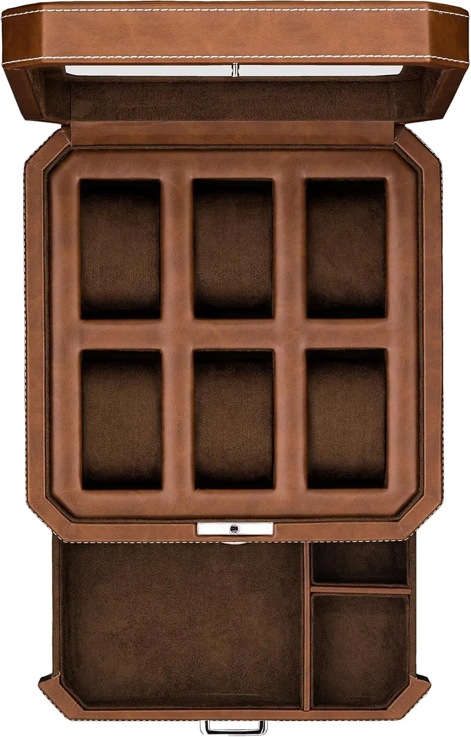 ROTHWELL 6 Slot Leather Watch Box with Valet Drawer - Luxury Case Display Organizer, Microsuede Liner, Locking Mens Jewelry Watches Holder, Men's Watch Storage Large Glass Top (Tan/Brown)