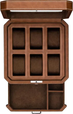 ROTHWELL 6 Slot Leather Watch Box with Valet Drawer - Luxury Case Display Organizer, Microsuede Liner, Locking Mens Jewelry Watches Holder, Men's Watch Storage Large Glass Top (Tan/Brown)