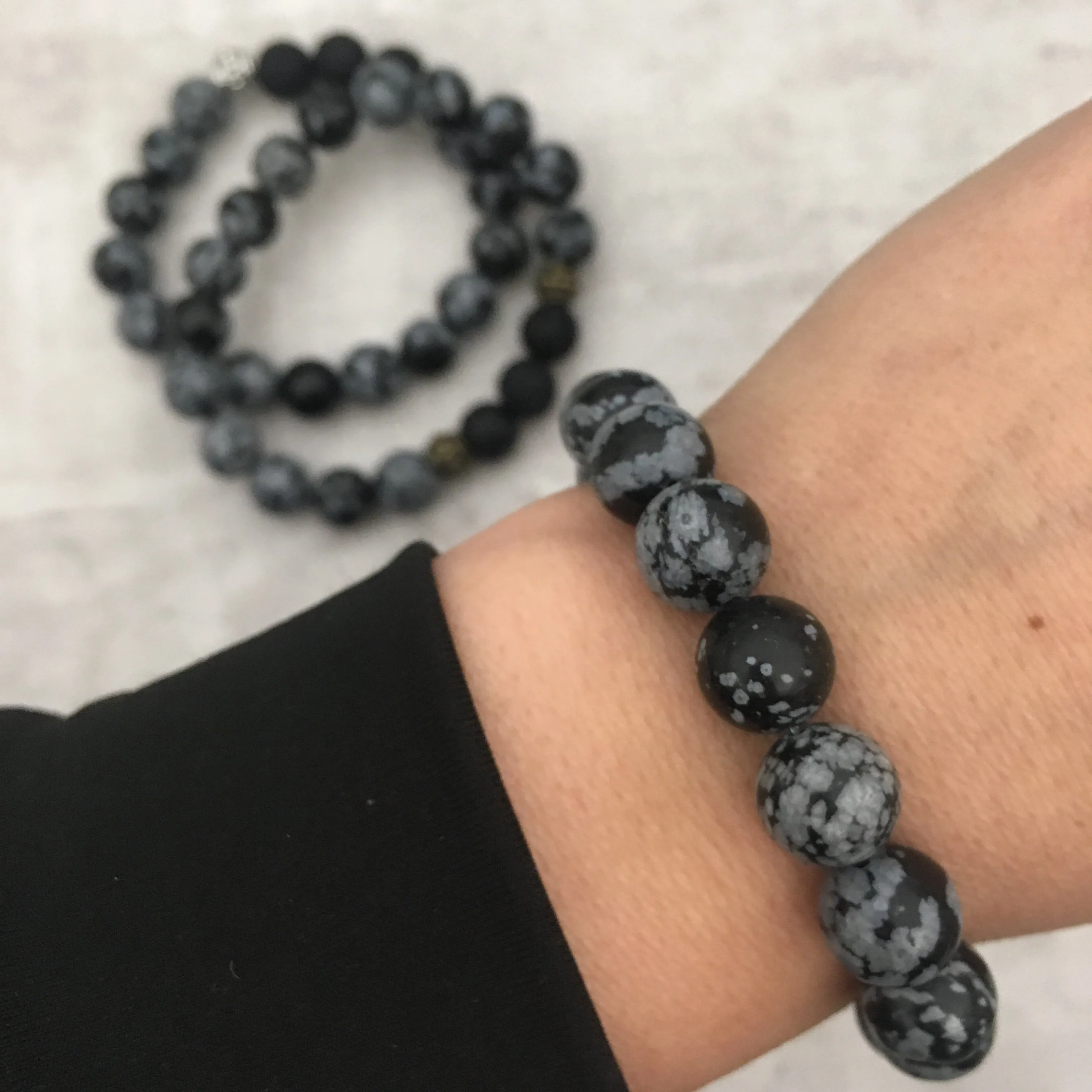Stone Stacker Bracelet / Snowflake Obsidian