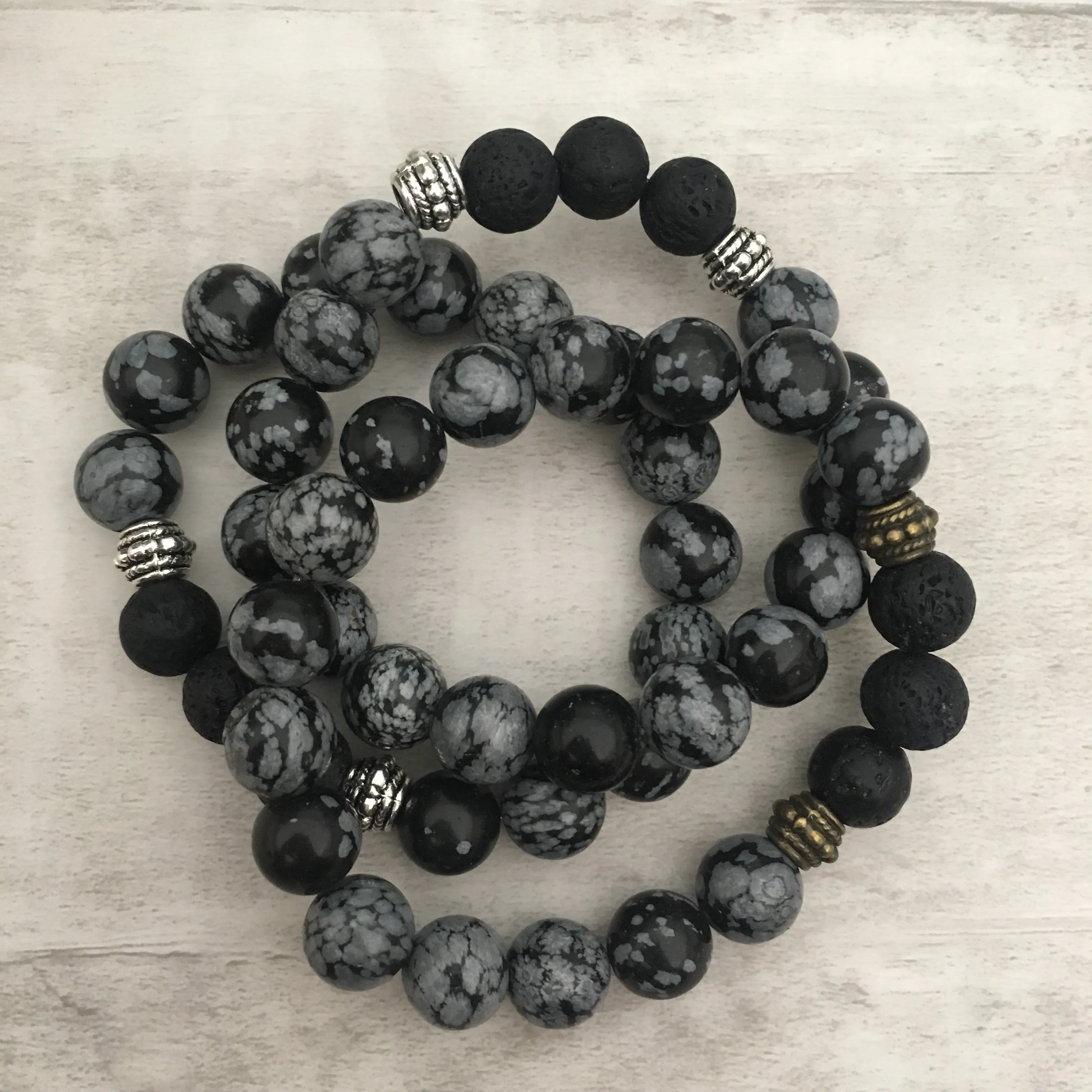 Stone Stacker Bracelet / Snowflake Obsidian