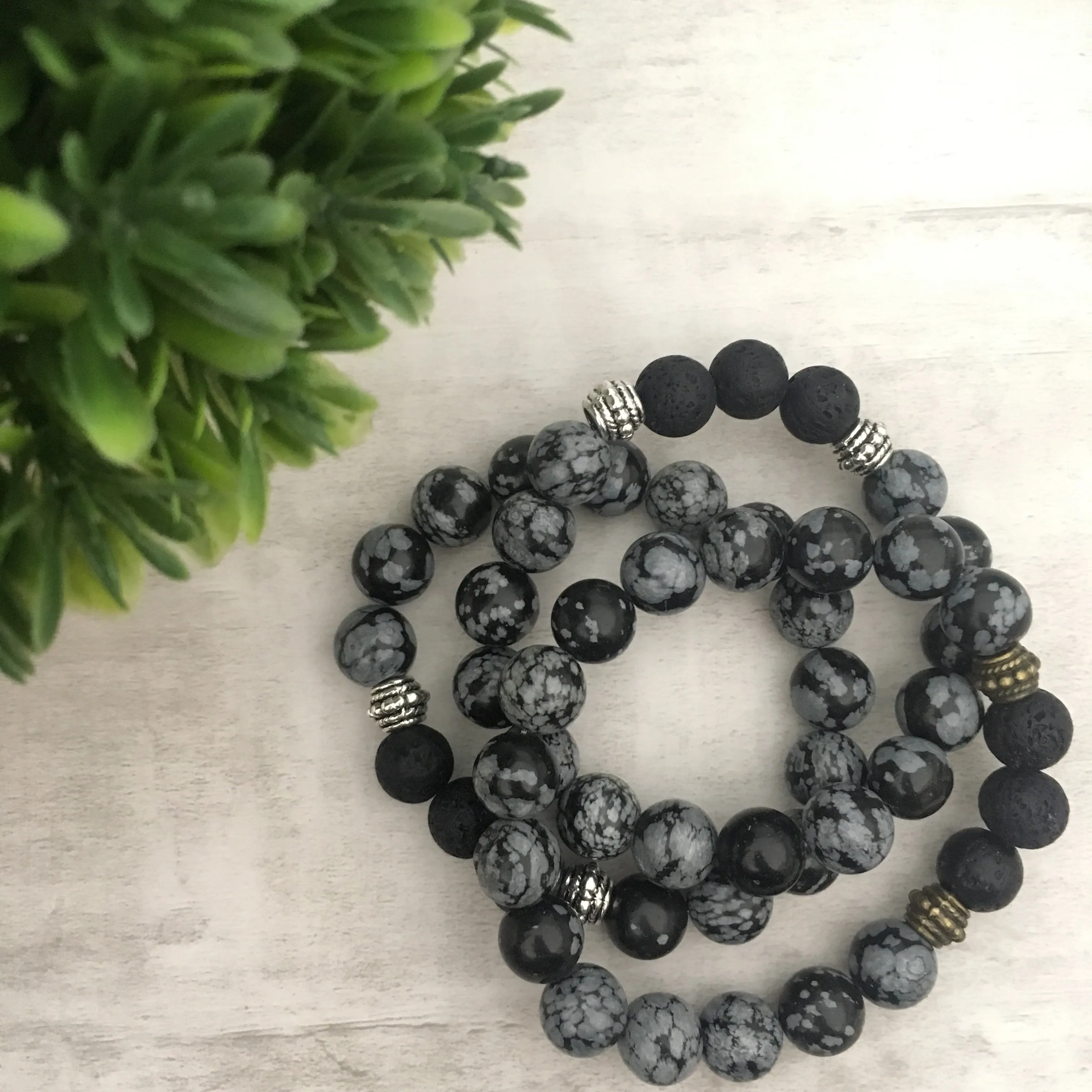 Stone Stacker Bracelet / Snowflake Obsidian