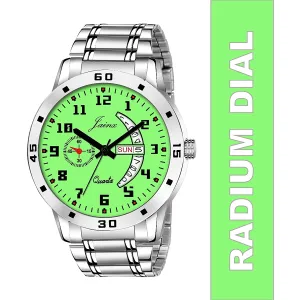 Stylish Day & Date Function Radium Dial Steel Chain Analog Watch - For Men JM7109