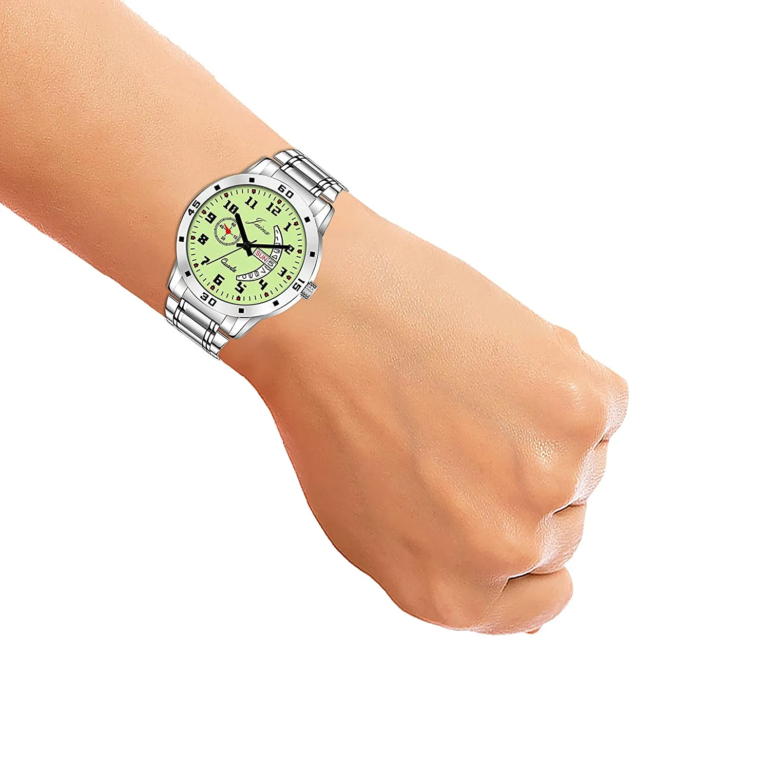 Stylish Day & Date Function Radium Dial Steel Chain Analog Watch - For Men JM7109