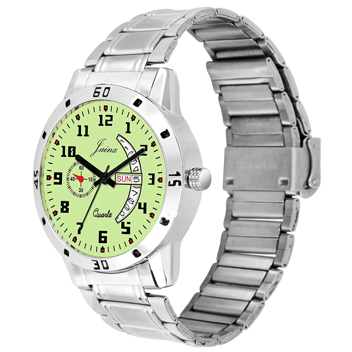 Stylish Day & Date Function Radium Dial Steel Chain Analog Watch - For Men JM7109