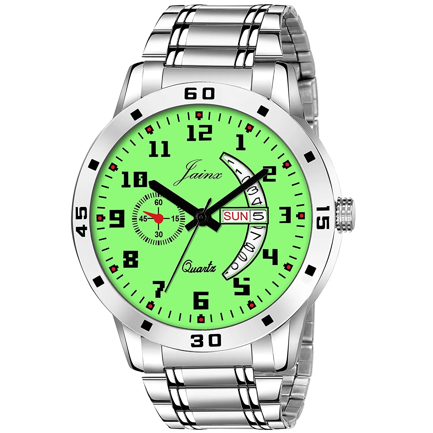 Stylish Day & Date Function Radium Dial Steel Chain Analog Watch - For Men JM7109