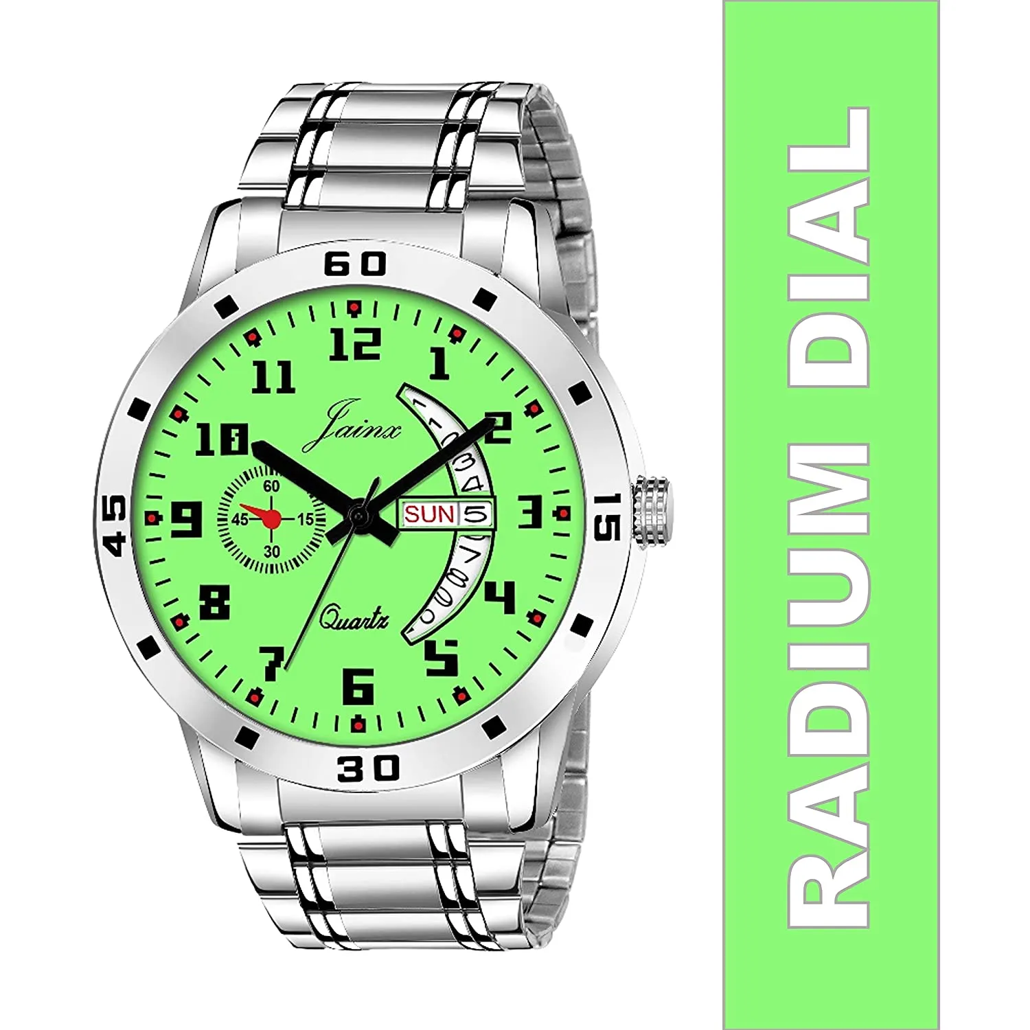 Stylish Day & Date Function Radium Dial Steel Chain Analog Watch - For Men JM7109