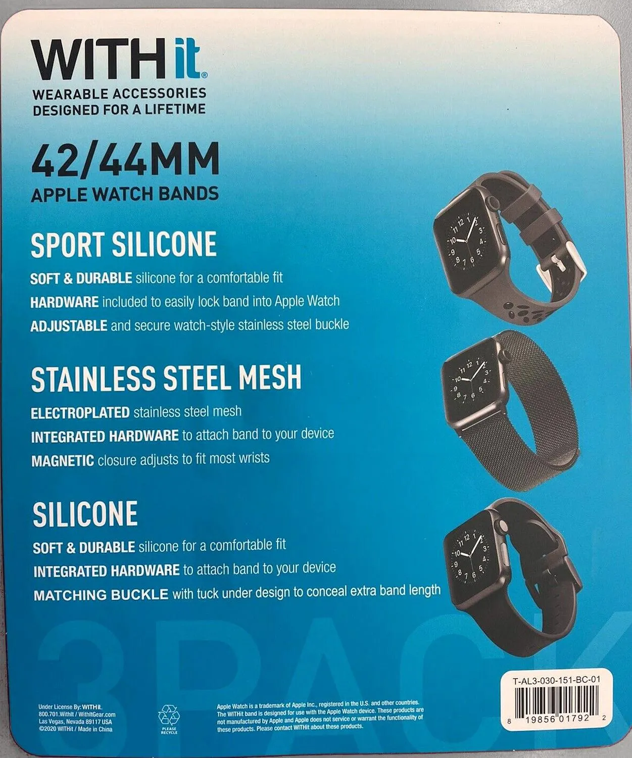WITHit Bands for 42mm or 44mm Apple Watch, Exclusive 3 Pack