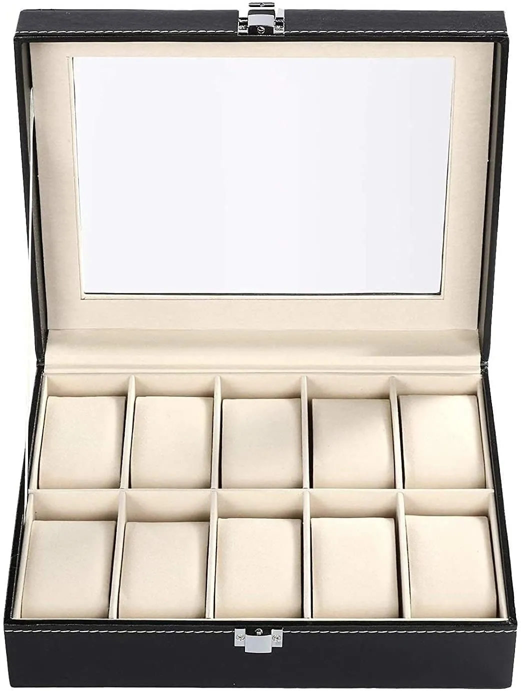 WOLBLIX Watch Box 10-Slot, Watch Holder with Glass Lid, Watch Case with Removable Watch Pillow, Velvet Lining, Metal Clasp, Watch Box Display PU Leather Case Organizer Men's & Women's Gift Business