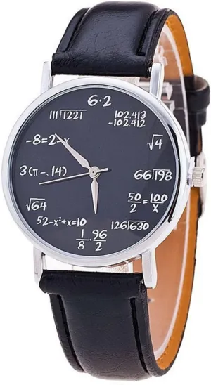 Women Men Math Formula Equation Dial Leather Quartz Watch Student Watches (Black)