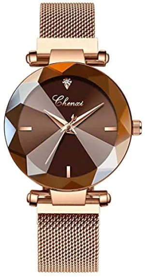 Women's Watches Fashion Crystal Cutting Mirror Dress Wrist Watch for Woman Rose Gold Stainless Steel Mesh Band Waterproof Analog Quartz Watches