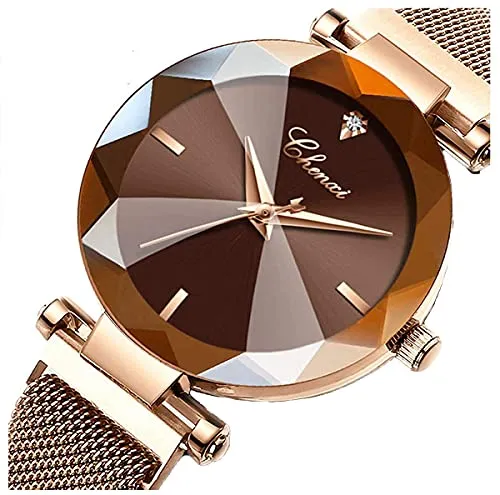 Women's Watches Fashion Crystal Cutting Mirror Dress Wrist Watch for Woman Rose Gold Stainless Steel Mesh Band Waterproof Analog Quartz Watches