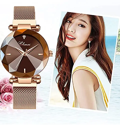 Women's Watches Fashion Crystal Cutting Mirror Dress Wrist Watch for Woman Rose Gold Stainless Steel Mesh Band Waterproof Analog Quartz Watches