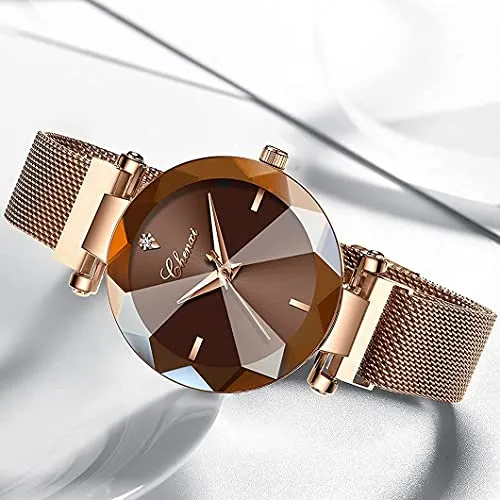 Women's Watches Fashion Crystal Cutting Mirror Dress Wrist Watch for Woman Rose Gold Stainless Steel Mesh Band Waterproof Analog Quartz Watches