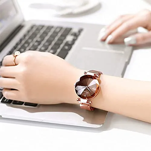 Women's Watches Fashion Crystal Cutting Mirror Dress Wrist Watch for Woman Rose Gold Stainless Steel Mesh Band Waterproof Analog Quartz Watches