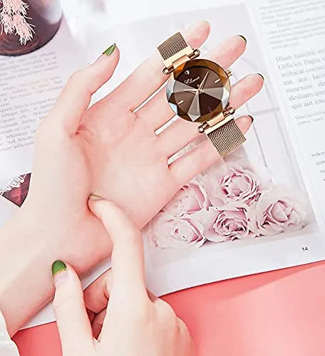 Women's Watches Fashion Crystal Cutting Mirror Dress Wrist Watch for Woman Rose Gold Stainless Steel Mesh Band Waterproof Analog Quartz Watches