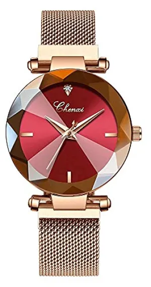 Women's Watches Fashion Crystal Cutting Mirror Wrist Watch for Woman Rose Gold Stainless Steel Mesh Band Waterproof Analog Quartz Watches