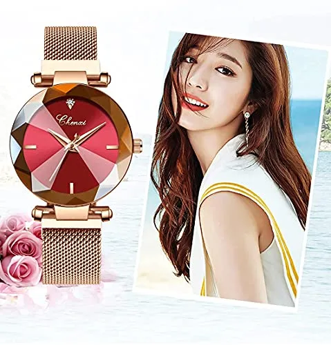 Women's Watches Fashion Crystal Cutting Mirror Wrist Watch for Woman Rose Gold Stainless Steel Mesh Band Waterproof Analog Quartz Watches