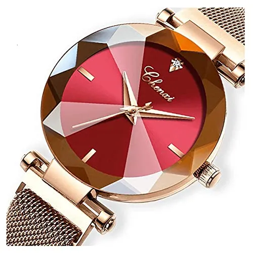 Women's Watches Fashion Crystal Cutting Mirror Wrist Watch for Woman Rose Gold Stainless Steel Mesh Band Waterproof Analog Quartz Watches