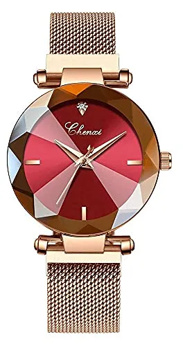 Women's Watches Fashion Crystal Cutting Mirror Wrist Watch for Woman Rose Gold Stainless Steel Mesh Band Waterproof Analog Quartz Watches