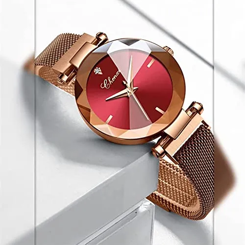 Women's Watches Fashion Crystal Cutting Mirror Wrist Watch for Woman Rose Gold Stainless Steel Mesh Band Waterproof Analog Quartz Watches