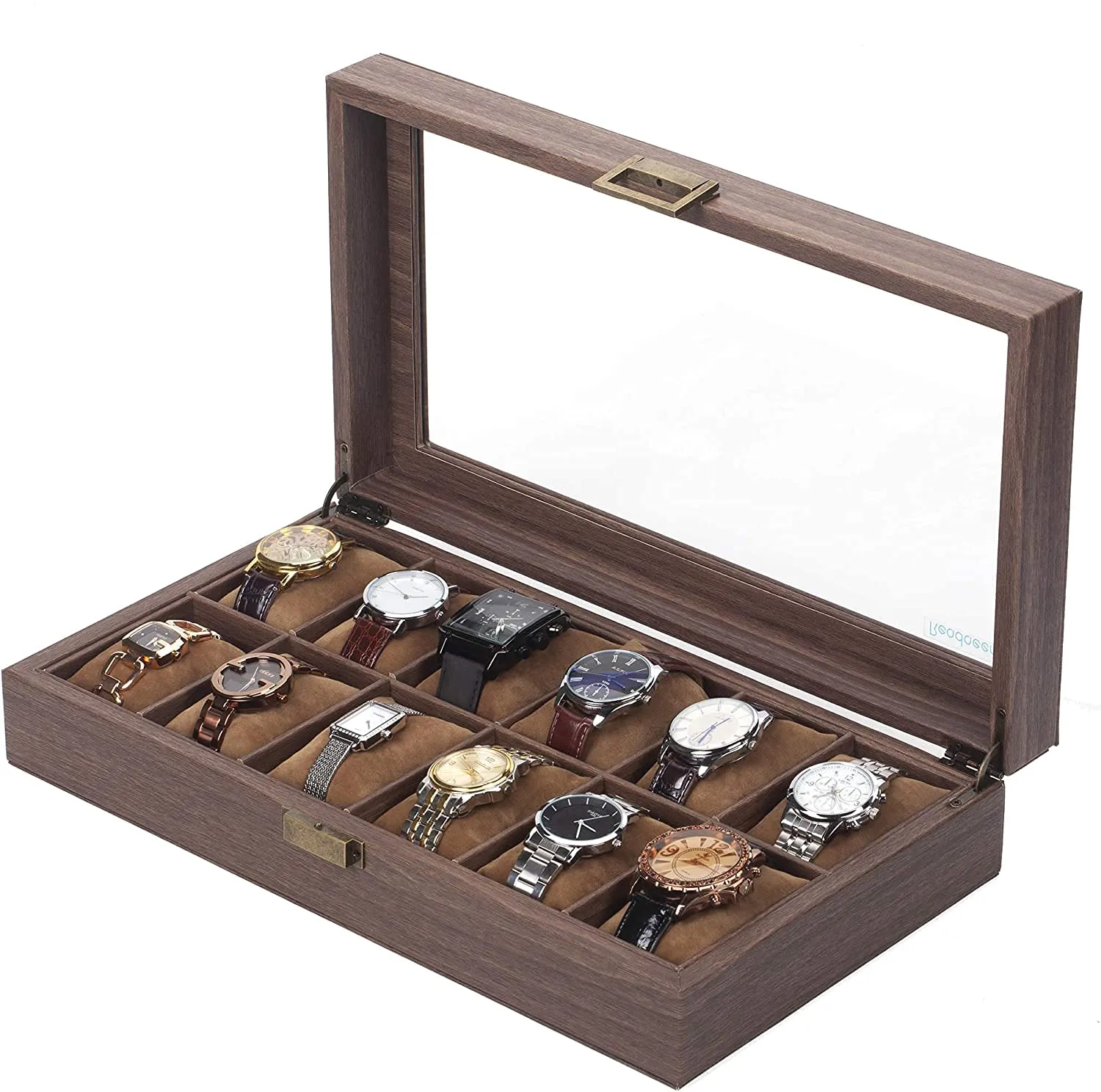 Wooden Look 12 Slot Watch Box Organizer Watch Case with Glass Top Antique Lock