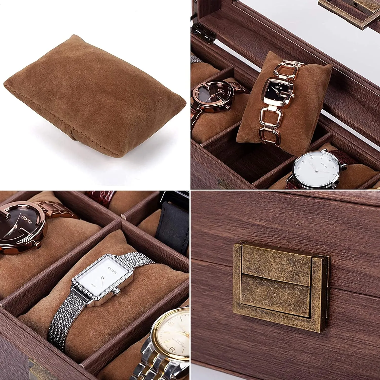 Wooden Look 12 Slot Watch Box Organizer Watch Case with Glass Top Antique Lock